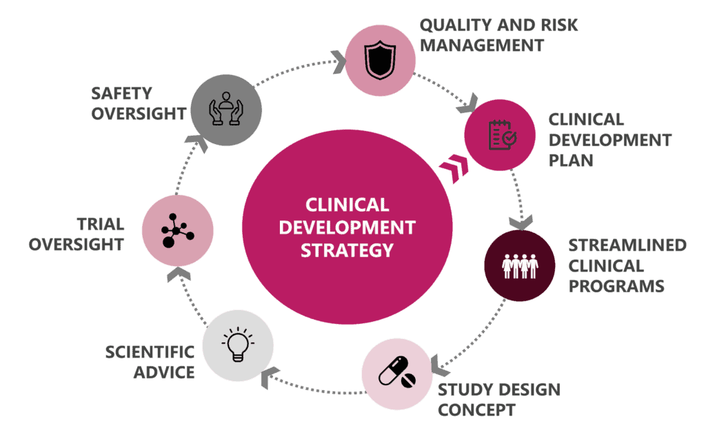 An infographic showing Gouya Insights clinical development strategy. Gouya Insights works with you to create a clinical development plan, design the study, oversee the clinical trial and safety measures. Our team gives scientific advice, helps manage quality and risk factors, and brings your product to market on time.