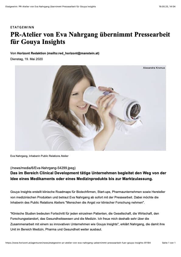 An article titled" PR-Atelier von Eva Nahrgang übernimmt Pressearbeit für Gouya Insights" (Eva Nahrgang's PR studio takes over press work for Gouya Insights)