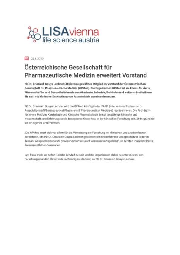 Article clipping Österreichische Gesellschaft für Pharmazeutische Medizin erweitert Vorstand (Austrian Society for Pharmaceutical Medicine expands board)