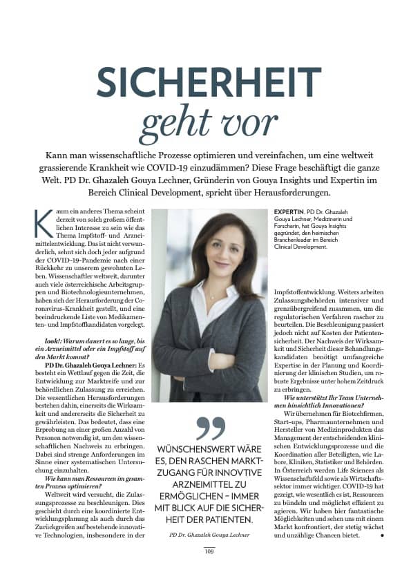 Article featuring Dr. Ghazaleh Gouya-Lechner titled "Sicherheit geht vor" (Safety First)