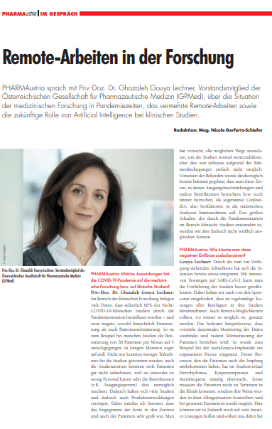 Article in Pharma Austria titled "remote-arbeiten in der forschung" (Working remotely in research)