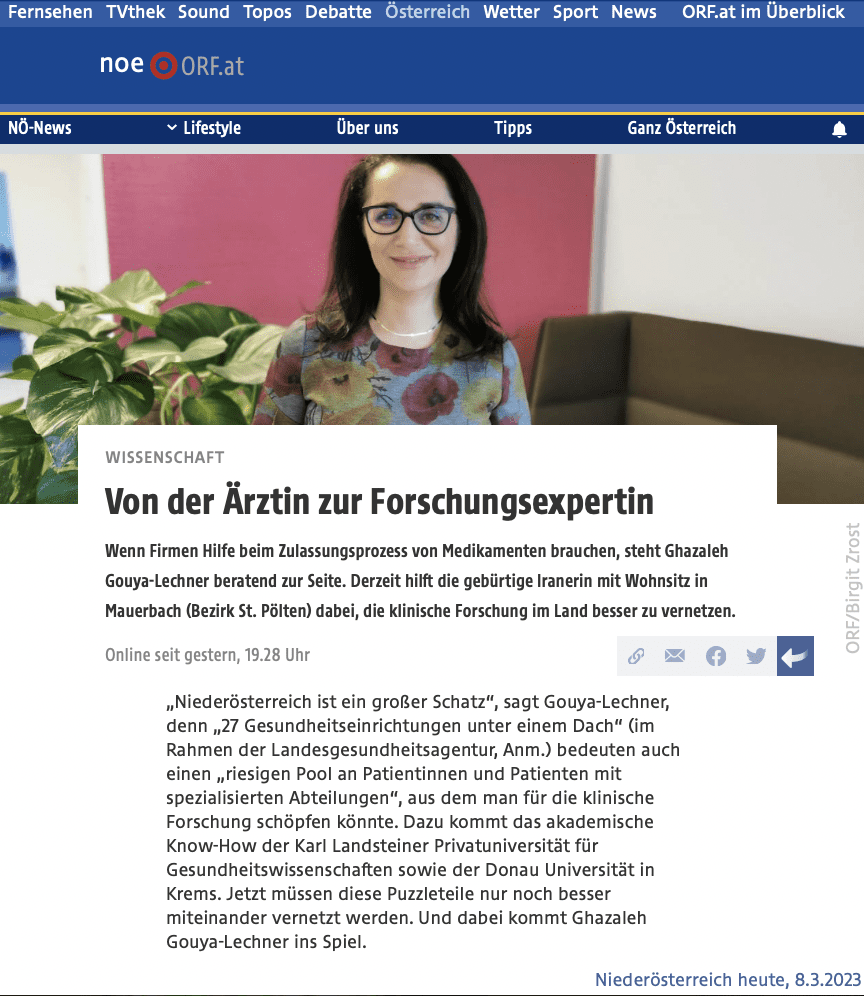 News article by Radio Niederösterreich about Ghazaleh Gouya-Lechner titled "Von der Ärztin zur Forschungsexpertin" (From doctor to research expert)